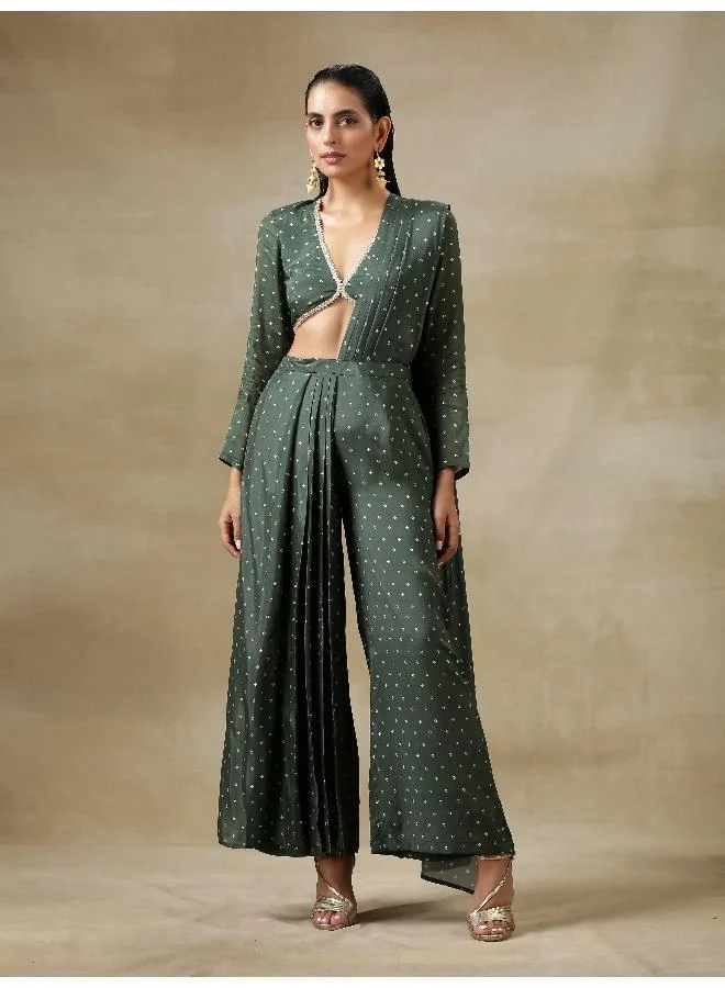 trueBrowns Dark Green Bandhani Printed Silk Plazzo Stitched Saree
