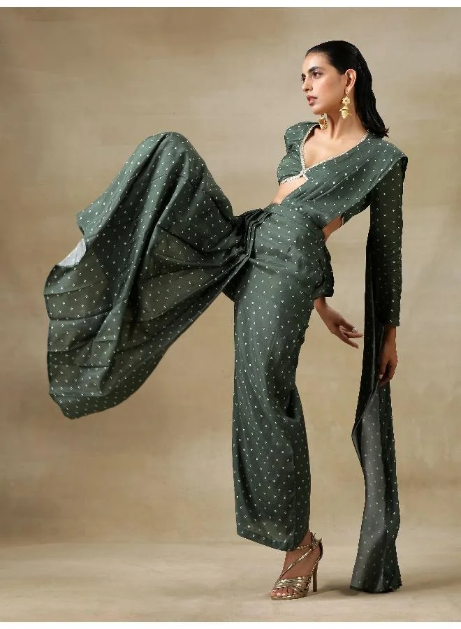 trueBrowns Dark Green Bandhani Printed Silk Plazzo Stitched Saree