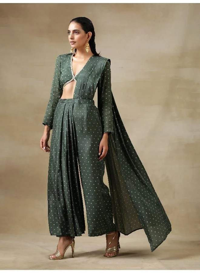 trueBrowns Dark Green Bandhani Printed Silk Plazzo Stitched Saree