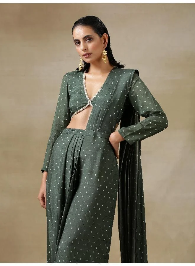 trueBrowns Dark Green Bandhani Printed Silk Plazzo Stitched Saree