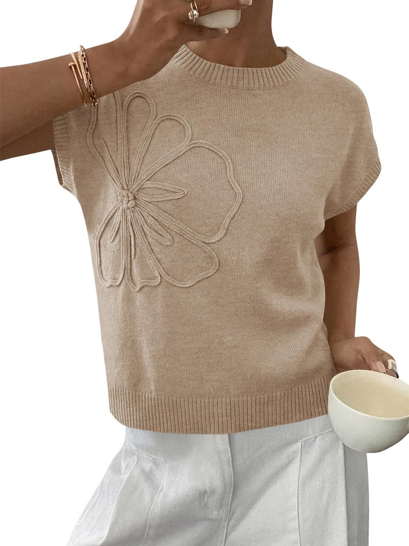 Saodimallsu Womens Short Sleeve Sweater Trendy Floral Pullover Sweaters Summer Casual Crewneck Lightweight Knit Tops Khaki - Image 1