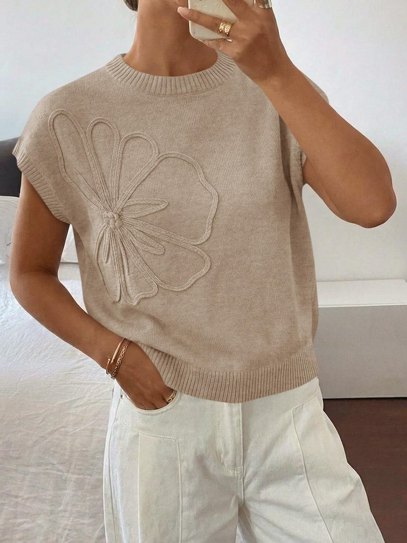Saodimallsu Womens Short Sleeve Sweater Trendy Floral Pullover Sweaters Summer Casual Crewneck Lightweight Knit Tops Khaki - Image 3