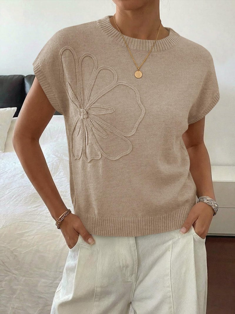 Saodimallsu Womens Short Sleeve Sweater Trendy Floral Pullover Sweaters Summer Casual Crewneck Lightweight Knit Tops Khaki - Image 2