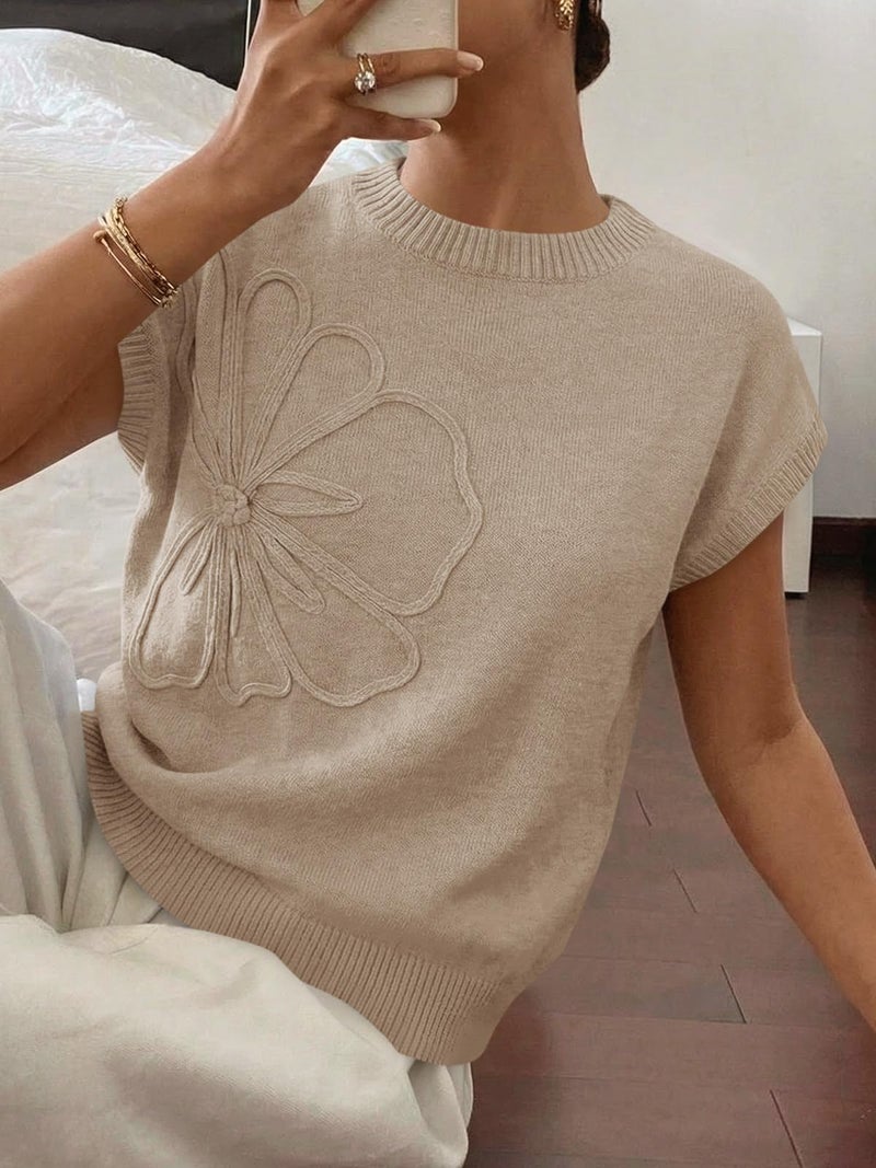 Saodimallsu Womens Short Sleeve Sweater Trendy Floral Pullover Sweaters Summer Casual Crewneck Lightweight Knit Tops Khaki - Image 5