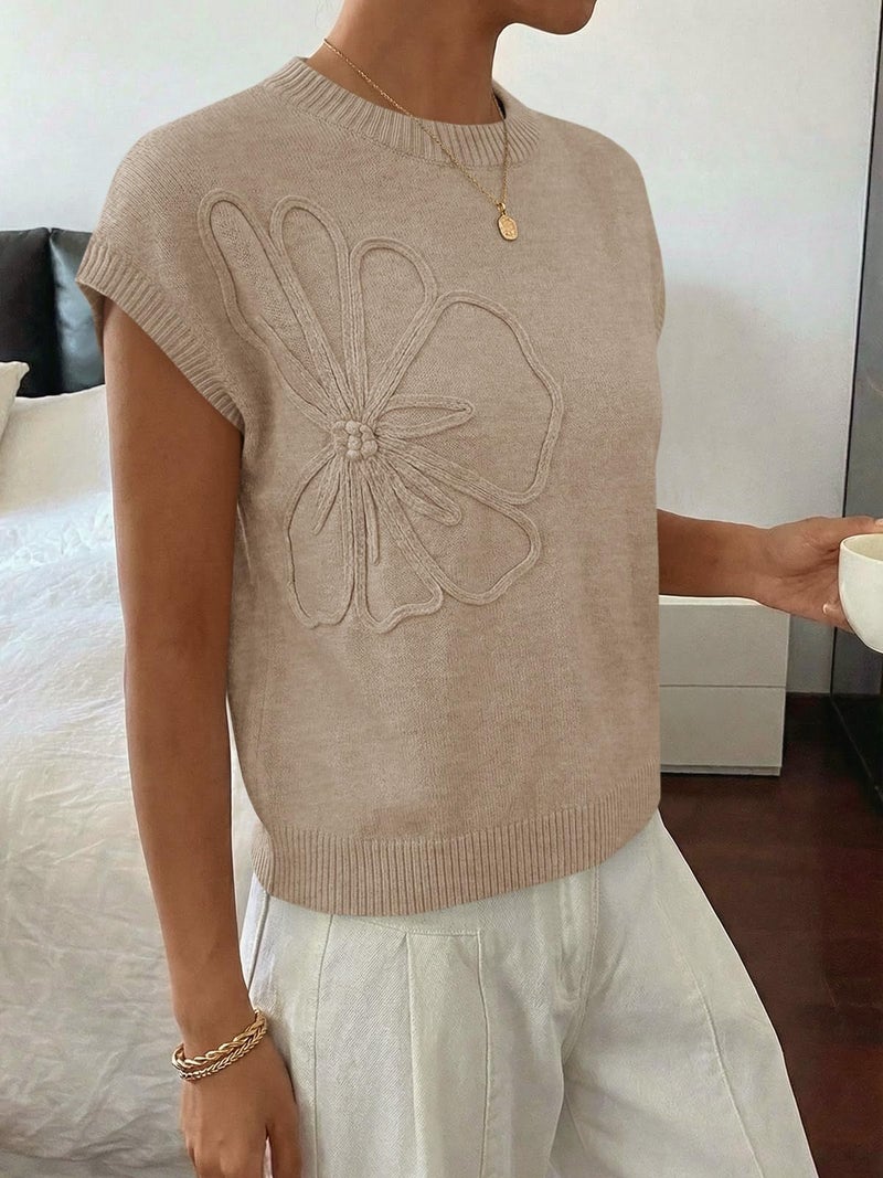 Saodimallsu Womens Short Sleeve Sweater Trendy Floral Pullover Sweaters Summer Casual Crewneck Lightweight Knit Tops Khaki - Image 4