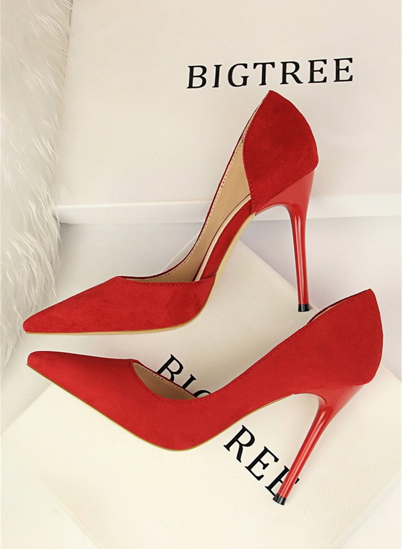 BIGTREE 10.5cm Simple Slim Heel Super High Heel Suede Shallow Mouth Pointy Side Hollow Shoes Red - Image 2