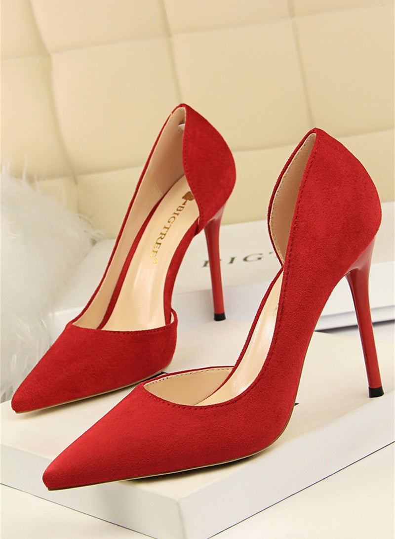 BIGTREE 10.5cm Simple Slim Heel Super High Heel Suede Shallow Mouth Pointy Side Hollow Shoes Red - Image 1