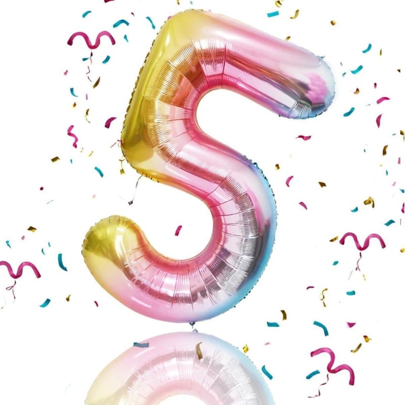 MANGO 40 Inch Giant Rainbow Number 5 Balloons  Helium Mylar Foil Birthday Decorations for Kids Party Anniversary Baby Shower Unicorn Theme Parties - Image 1