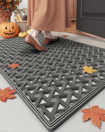 DEXI Front Door Mat Outside Entrance24x36 Rubber Floor Doormat Heavy Duty Non Slip Dirt Trapper Waterproof Exterior Entry Mats All Weather for Patio Entryway Drainage Grey