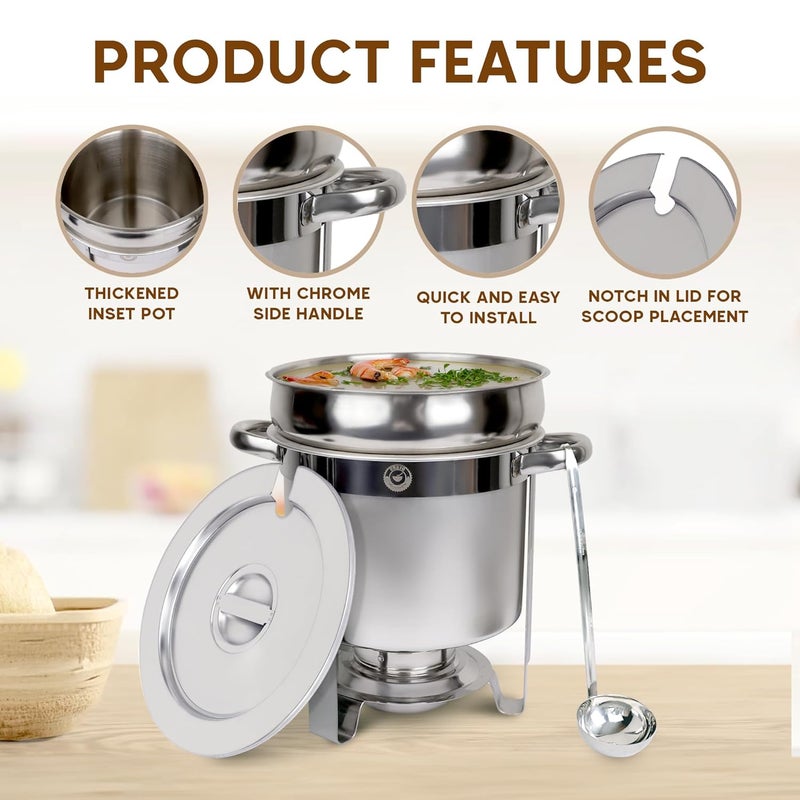 CHEFQ 11 QT Soup Chafer Station with Contemporary Marmite Water Pan, Stainless Steel, Including Fuel Holder & 6 Oz Ladle - Perfect for Buffets, Catering, and Events - Image 4