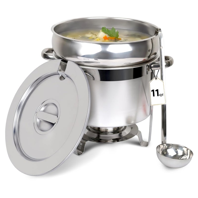 CHEFQ 11 QT Soup Chafer Station with Contemporary Marmite Water Pan, Stainless Steel, Including Fuel Holder & 6 Oz Ladle - Perfect for Buffets, Catering, and Events - Image 1