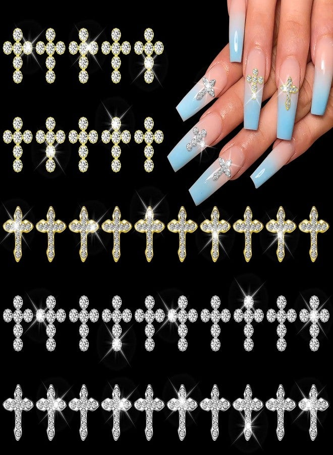 JERCLITY 40pcs 3D Cross Nail Charms Gold and Silver Cross Charms for Nails Nail Cross Charms with Clear Rhinestones 3D Jewelry Making Nail Art Accessories - Image 1