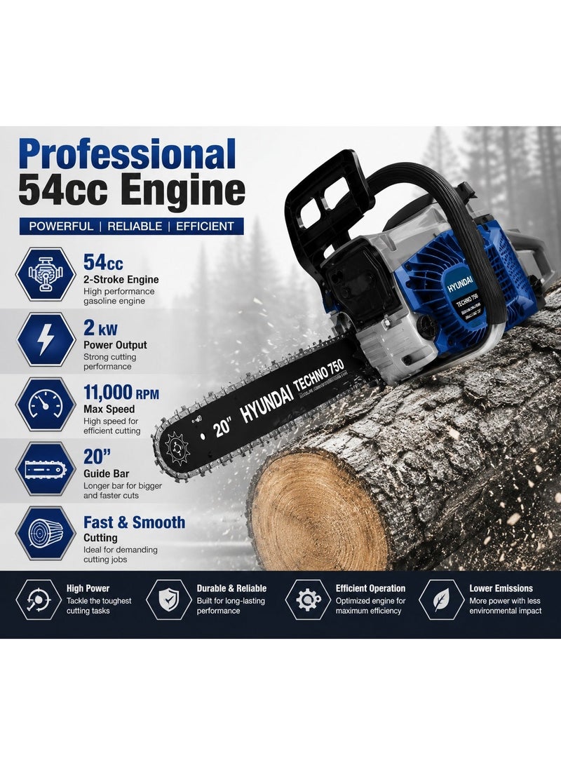 HYUNDAI Petrol Chainsaw Hyundai TECHNO 750 54cc 2kW 20 Inch Guide Bar 11000 RPM Heavy Duty Gasoline Chain Saw for Wood Cutting Forestry and Professional Use - Image 2