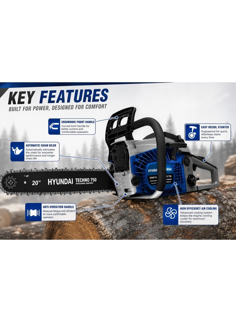HYUNDAI Petrol Chainsaw Hyundai TECHNO 750 54cc 2kW 20 Inch Guide Bar 11000 RPM Heavy Duty Gasoline Chain Saw for Wood Cutting Forestry and Professional Use - Image 3