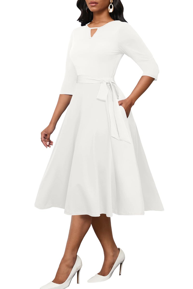 CLOCOR Women's Midi Dress 3/4 Sleeve A-line Swing Dress for Women Crewneck Casual Church White Dresses with Pockets M - Image 1