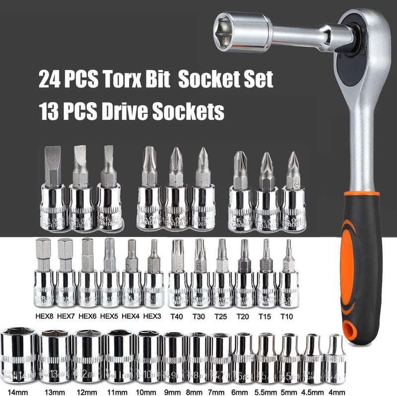 ELISCO 46Pcs Professional 1/4'' Tool Kit Square Drive Metric Socket Set, Black, Hex, Chrome Vanadium Steel - Image 2