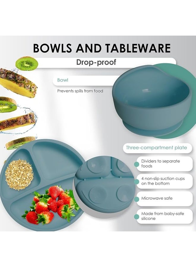 Baby Feeding Set, 8 Pieces Silicone Tableware for Infant Kids, Set of 8 (blue) - Image 4