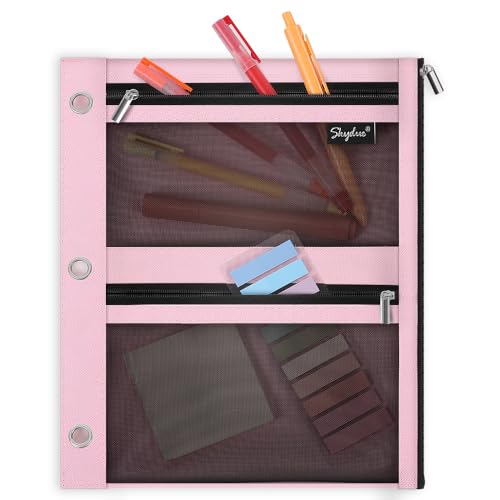 SKYDUE Pencil Pouch for Binder Pencil Case 3 Ring Binder Pencil Pouch with 3 Pockets and Mesh Window Zipper Pencil Pouch Durable Organizer for School Supplies Cables Earbuds Makeup Pink - Image 1