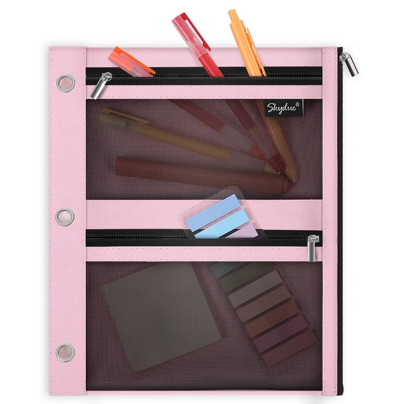 SKYDUE Pencil Pouch for Binder Pencil Case 3 Ring Binder Pencil Pouch with 3 Pockets and Mesh Window Zipper Pencil Pouch Durable Organizer for School Supplies Cables Earbuds Makeup Pink - Image 2