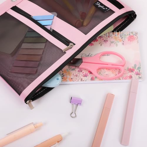 SKYDUE Pencil Pouch for Binder Pencil Case 3 Ring Binder Pencil Pouch with 3 Pockets and Mesh Window Zipper Pencil Pouch Durable Organizer for School Supplies Cables Earbuds Makeup Pink - Image 3