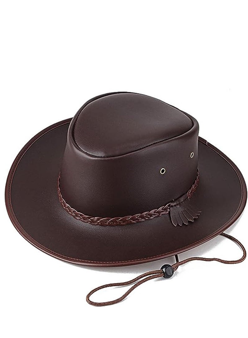 SOLARAE Cowboy Hats for Men and Women Western Leather Outback Wide Brim Rain Cap Classic Felt Fedora Flat Top with Buckle Belt - Image 1