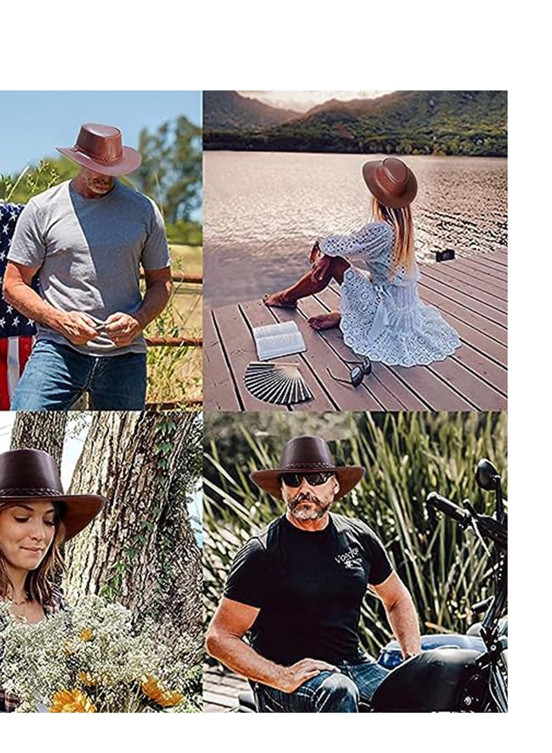 SOLARAE Cowboy Hats for Men and Women Western Leather Outback Wide Brim Rain Cap Classic Felt Fedora Flat Top with Buckle Belt - Image 5