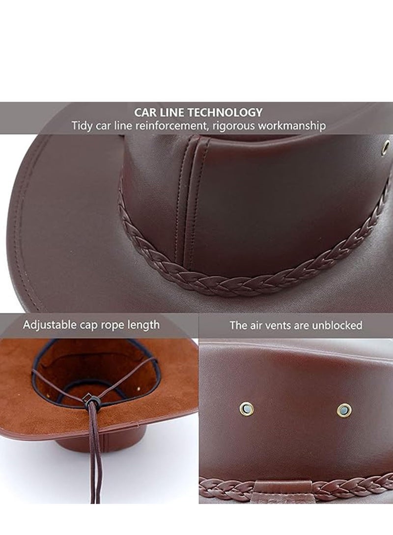 SOLARAE Cowboy Hats for Men and Women Western Leather Outback Wide Brim Rain Cap Classic Felt Fedora Flat Top with Buckle Belt - Image 2