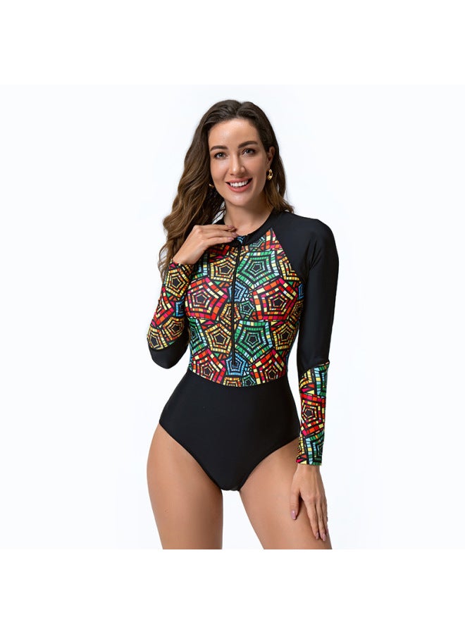 New Sports Swimsuit One-piece Long Sleeve Anti-sports High Elastic Fabric Zipper Printed Tight Swimsuit