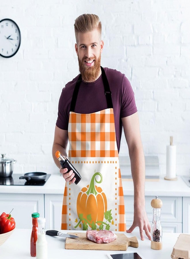 Moslion Pumpkin Kitchen Apron Orange White Plaid Buffalo Thanksgiving Autumn Harvest Season Halloween Apron For Women Men Cooking Gardening Adjustable Home Bibs Adult Size 27x31 Inch - Image 3