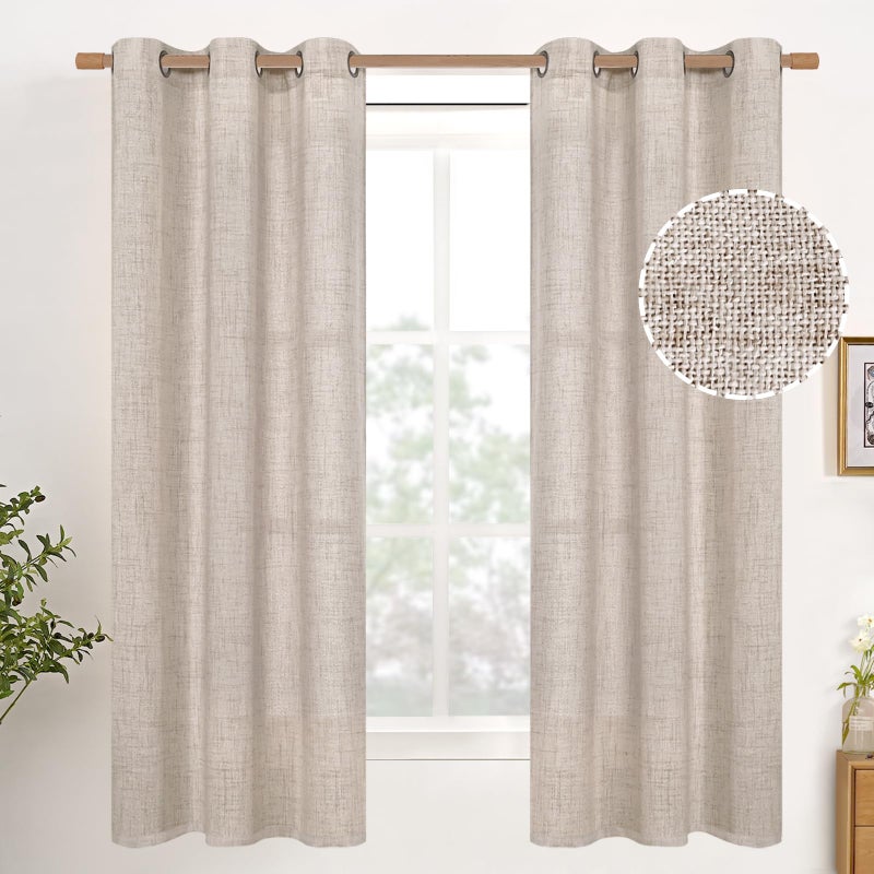 YoungsTex Natural Linen Semi Sheer Curtains 63 Inches Long for Living Room Rustic Light Filtering Drapes Textured with Bronze Grommet for Bedroom Country 2 Panels 42 X 63 Inch