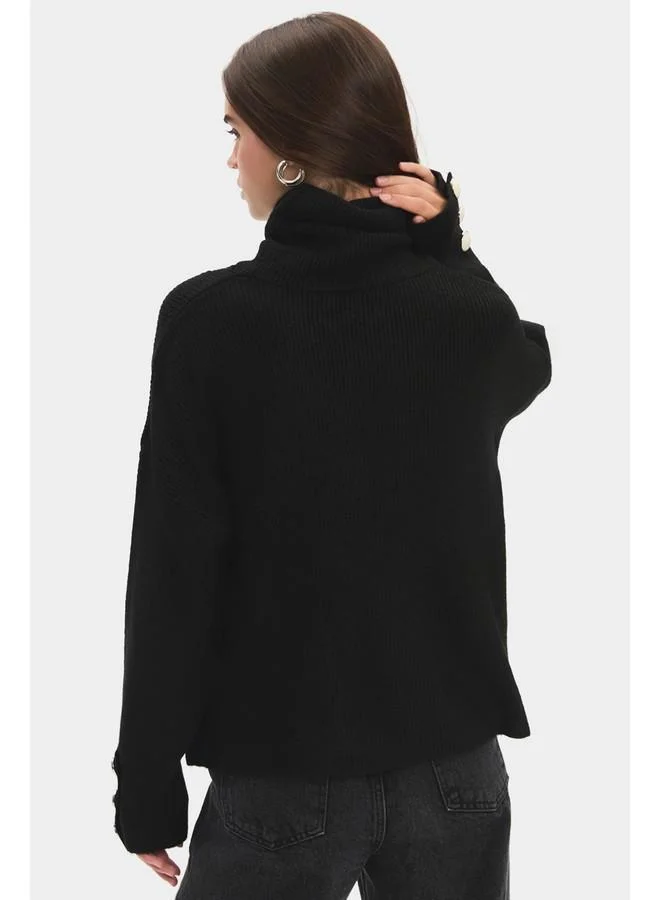 جون June Women Turtleneck Sleeves Button Detailed Knitwear Sweater Black