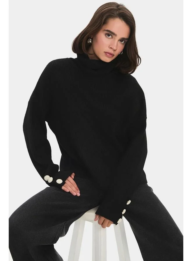 جون June Women Turtleneck Sleeves Button Detailed Knitwear Sweater Black