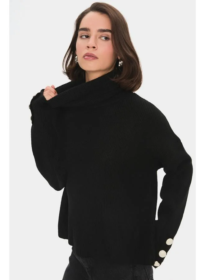 جون June Women Turtleneck Sleeves Button Detailed Knitwear Sweater Black