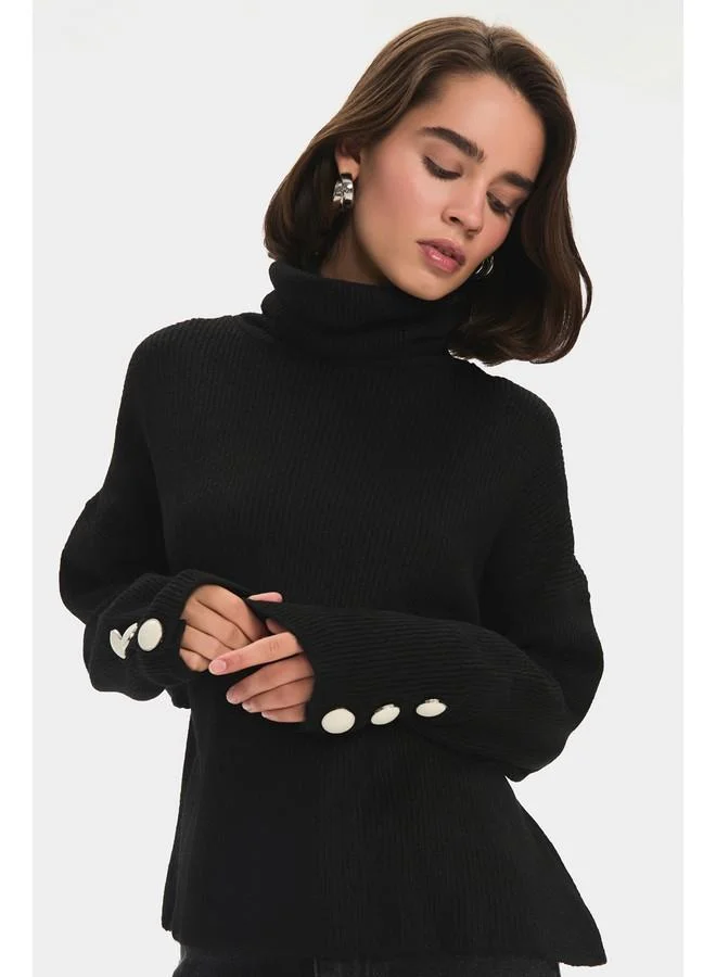 جون June Women Turtleneck Sleeves Button Detailed Knitwear Sweater Black