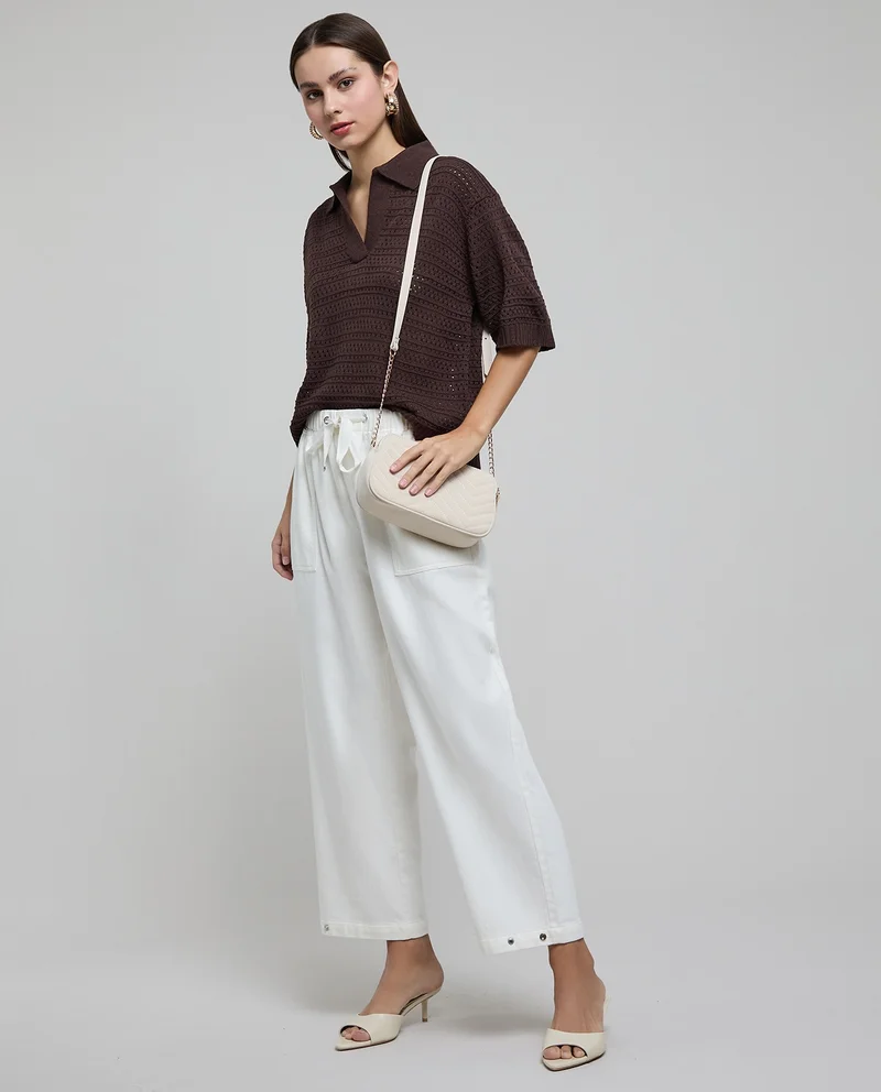 R&B Solid Wide Leg Pants with Drawstring Waist
