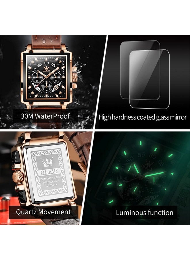 أوليفز ساعة  Square للرجال من الجلد البني كرونوغراف ساعة عمل عصرية مقاومة للماء وساعات يد كاجوال مضيئة - Image 5