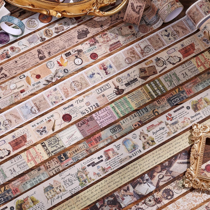 emmoolife 34 Rolls Vintage Washi Tape Set,Letter Map Stamp Stripe Literature Art Writable Aesthetic Washy Decorative Tapes for Scrapbooking, Junk Journal Supplies, Bullet Journaling 5-50mm Wide (3m Long)/Roll - Image 4
