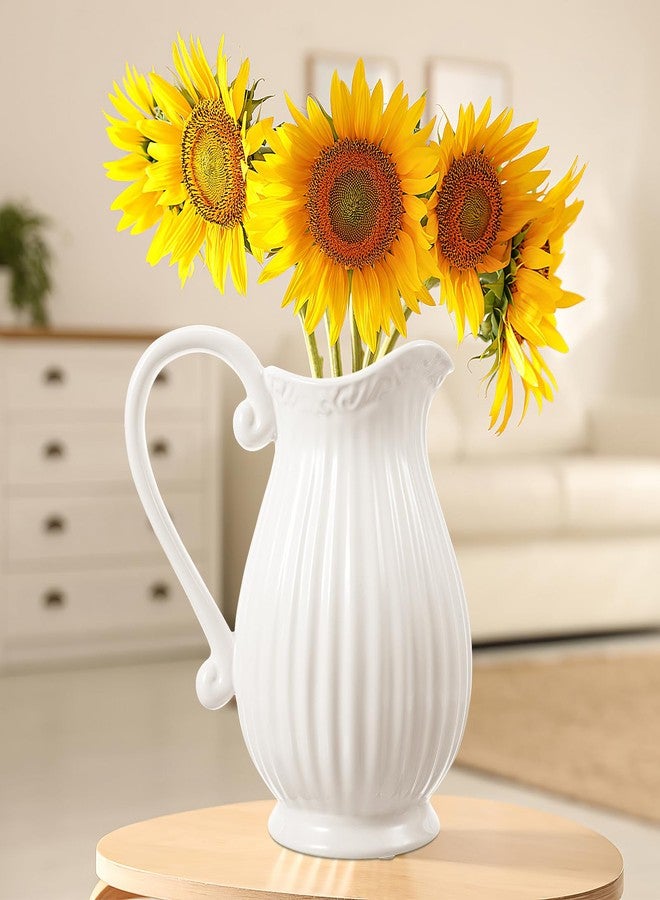 Alipis White Ceramic Pitcher Vase, Porcelain Flower Holder Rustic Milk Jug with Handle Water Pitcher Farmhouse Decorative Jugs Vase for Shelf Living Room Decor, 20.00X17.00X8.00CM - Image 2