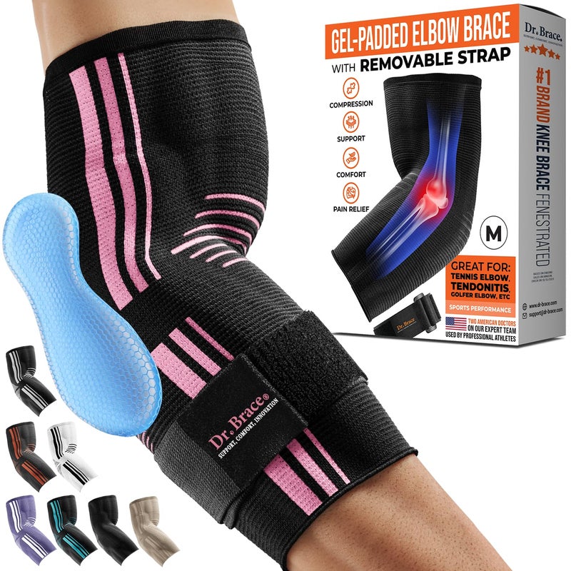DR. BRACEÂ® Elite Elbow Brace Support, Breathable Elbow Compression Sleeve with Gel Pad for Golfer's, Tennis Elbow & Tendonitis Treatment & Pain Relief 2024 (Black-Pink, Medium) - Image 1