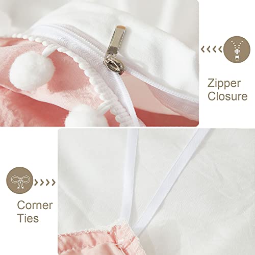 Bedbay Boho Queen Duvet Cover Teen Girls Preppy Bedding Set Cute Pom Pom Fringe 3 Pcs White and Pink Reversible Bedding Super Soft Lightweight Farmhouse Aesthetic Room Decor (White&Pink,Queen) - Image 4