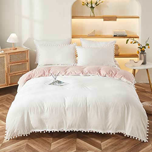 Bedbay Boho Queen Duvet Cover Teen Girls Preppy Bedding Set Cute Pom Pom Fringe 3 Pcs White and Pink Reversible Bedding Super Soft Lightweight Farmhouse Aesthetic Room Decor (White&Pink,Queen) - Image 2