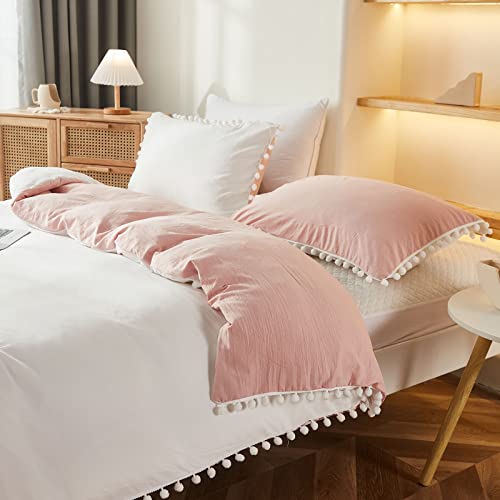 Bedbay Boho Queen Duvet Cover Teen Girls Preppy Bedding Set Cute Pom Pom Fringe 3 Pcs White and Pink Reversible Bedding Super Soft Lightweight Farmhouse Aesthetic Room Decor (White&Pink,Queen) - Image 3