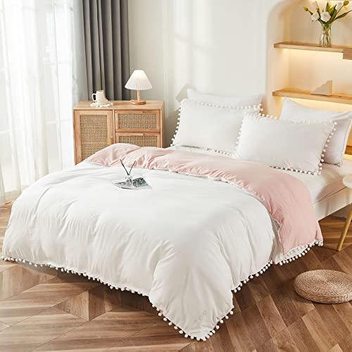 Bedbay Boho Queen Duvet Cover Teen Girls Preppy Bedding Set Cute Pom Pom Fringe 3 Pcs White and Pink Reversible Bedding Super Soft Lightweight Farmhouse Aesthetic Room Decor (White&Pink,Queen) - Image 5