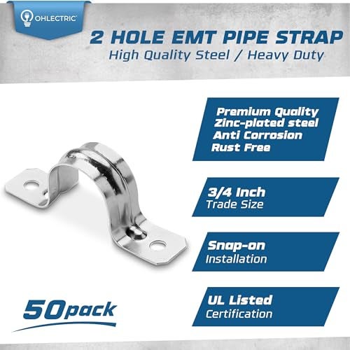 OHLECTRIC Heavy Duty Pipe Strap 50 Pack Inch Zinc Plated Conduit Clamps 2 Hole Steel EMT Pipe Strap U Bracket Zinc Coated Tension Tube Clip Metal Pipe Clamp for EMT Conduits - Image 3