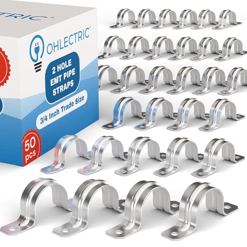 OHLECTRIC Heavy Duty Pipe Strap 50 Pack Inch Zinc Plated Conduit Clamps 2 Hole Steel EMT Pipe Strap U Bracket Zinc Coated Tension Tube Clip Metal Pipe Clamp for EMT Conduits - Image 1