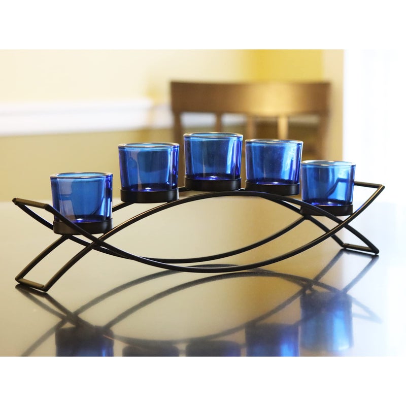 Seraphic Iron Arch Table Centerpiece Decorations Long Candle Holder for Weddings, Patio, Kitchen, Dining Room, and Coffee Tables, Black, Blue Chunky 5 Cups - Image 4
