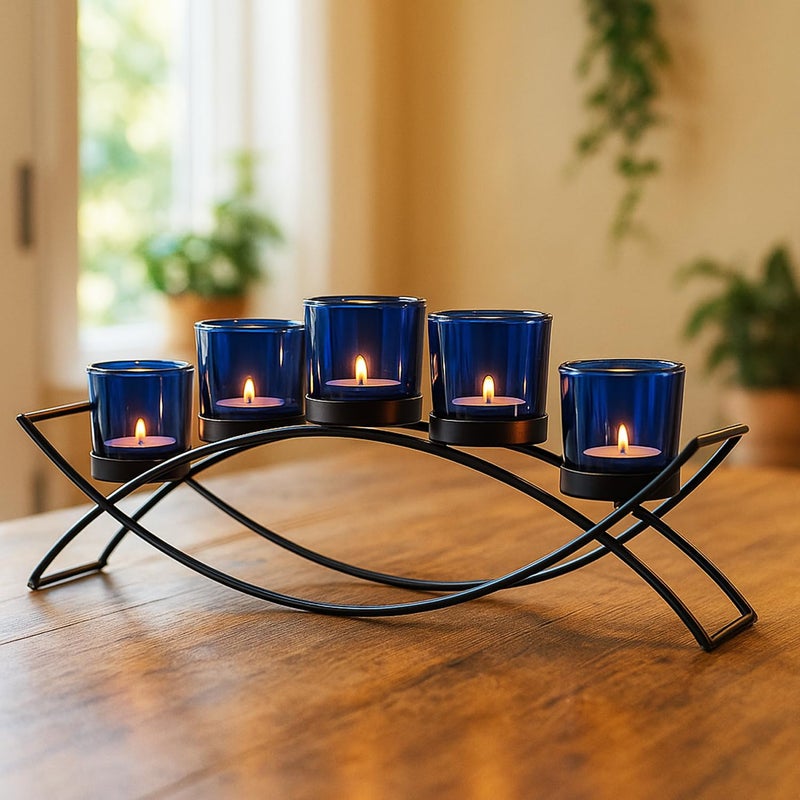 Seraphic Iron Arch Table Centerpiece Decorations Long Candle Holder for Weddings, Patio, Kitchen, Dining Room, and Coffee Tables, Black, Blue Chunky 5 Cups - Image 2