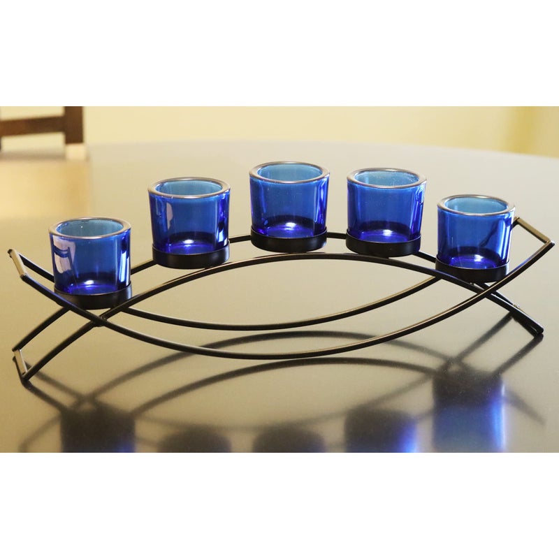Seraphic Iron Arch Table Centerpiece Decorations Long Candle Holder for Weddings, Patio, Kitchen, Dining Room, and Coffee Tables, Black, Blue Chunky 5 Cups - Image 5