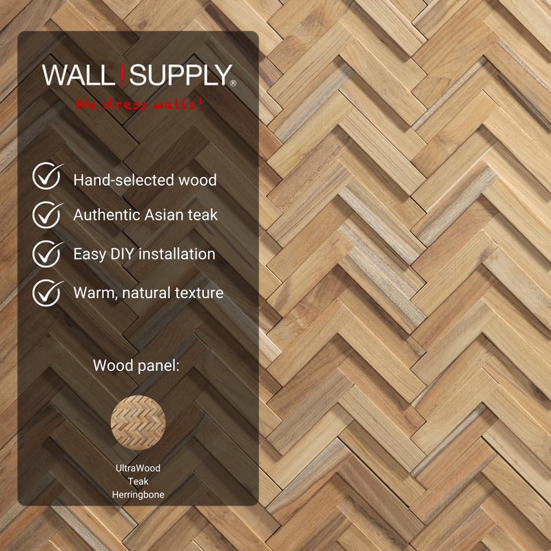 Wall!Supply 3D Wall Panels â€“ Reclaimed Herringbone Asian Teak Wood â€“ Home Decor Wallpaper Alternative for Living Room, Bedroom & Office â€“ Easy DIY Installation â€“ 16 Pack, Covers 11.63 Sq Ft - Image 4