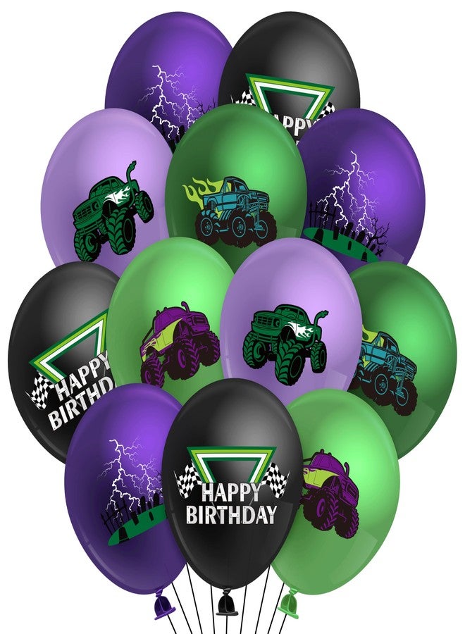 Haooryx Monster Truck Birthday Balloon - 50Pcs Green Purple Monster Truck Lightning Print Latex Balloon Kit for Kid Boy Baby Shower Happy Birthday Themed Party Decoration Photo Prop Backdrop Supply - Image 1